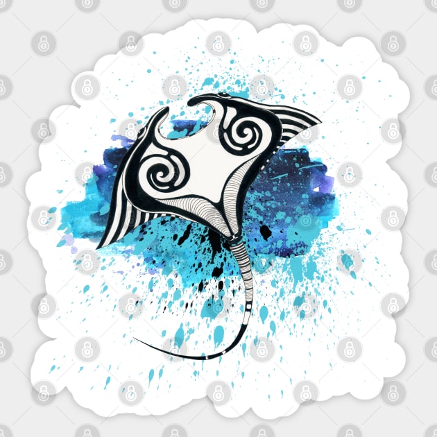 Manta Ray Tribal Blue Ink Splash Sticker by Seven Sirens Studios